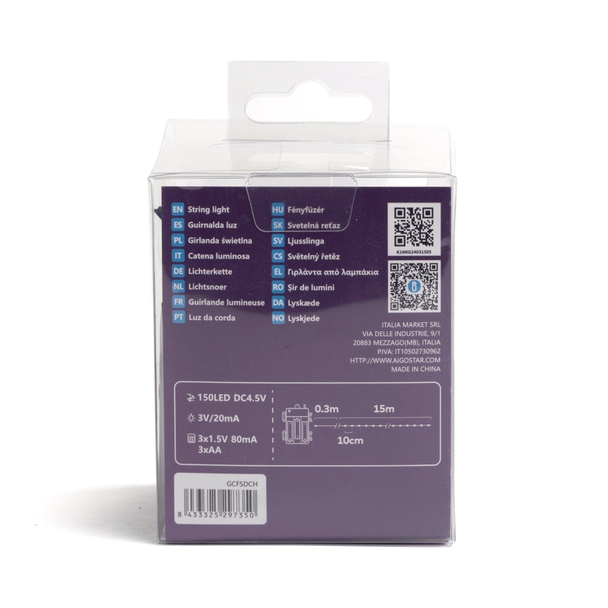 Aigostar - Catena luminosa LED da esterno per Natale 150xLED/8 funzioni/3xAA 15,3m IP44 bianco freddo