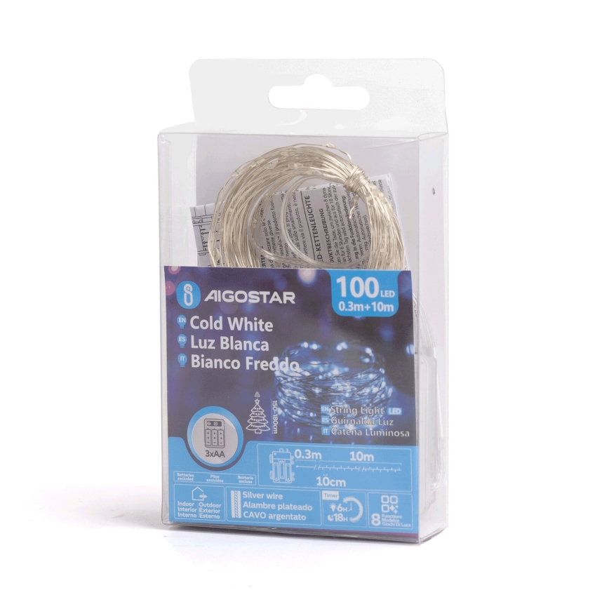 Aigostar - Catena LED natalizia da esterno 100xLED/8 funzioni 10,3m IP44 bianco freddo