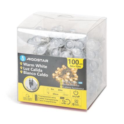 Aigostar - Catena LED natalizia da esterno 100xLED/8 funzioni 13m IP44 bianco caldo