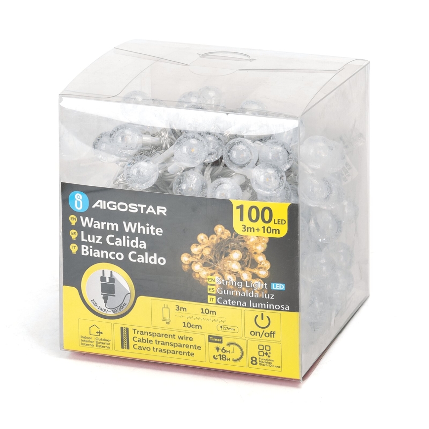 Aigostar - Catena LED natalizia da esterno 100xLED/8 funzioni 13m IP44 bianco caldo