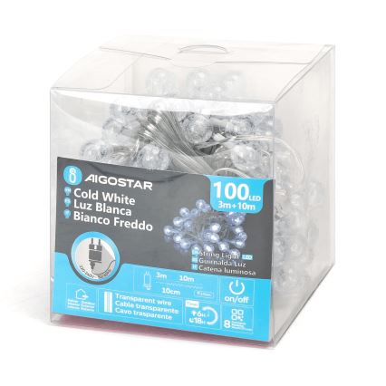 Aigostar - Catena LED natalizia da esterno 100xLED/8 funzioni 13m IP44 bianco freddo
