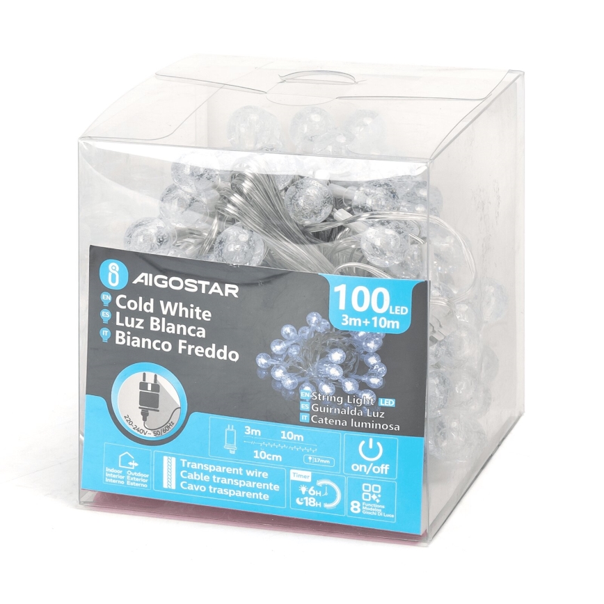 Aigostar - Catena LED natalizia da esterno 100xLED/8 funzioni 13m IP44 bianco freddo