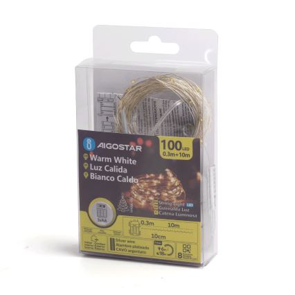 Aigostar -Catena LED natalizia da esterno 100xLED/8 funzioni 3xAA 10,3m IP44 bianco caldo
