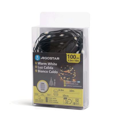 Aigostar - Catena LED natalizia da esterno 100xLED/8 funzioni 3xAA 10,3m IP44 bianco caldo
