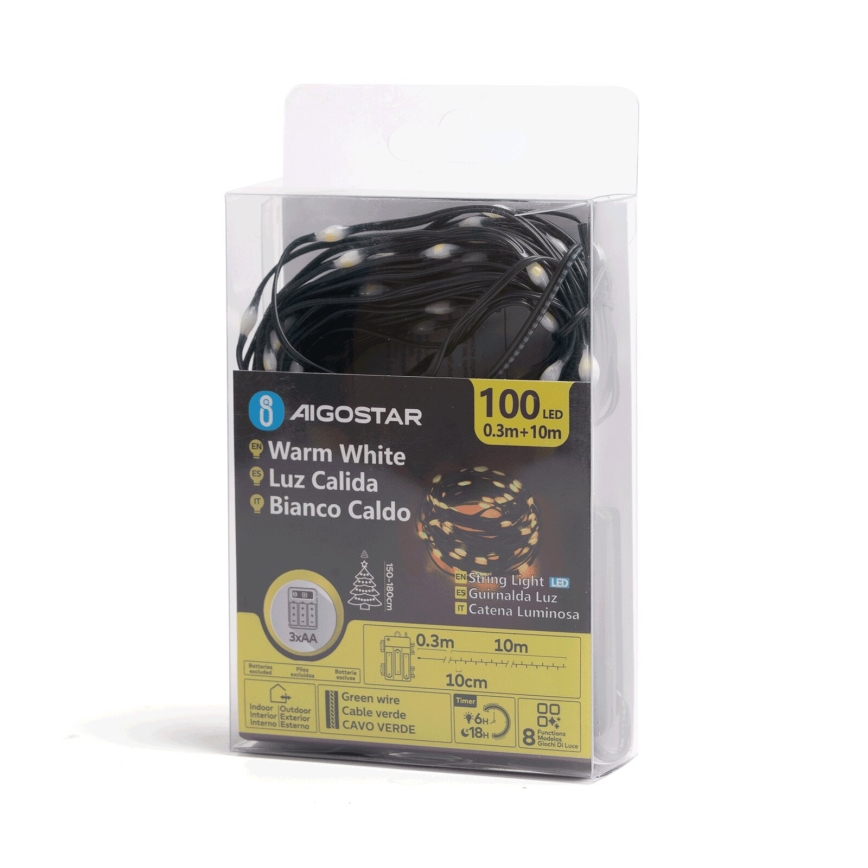 Aigostar - Catena LED natalizia da esterno 100xLED/8 funzioni 3xAA 10,3m IP44 bianco caldo