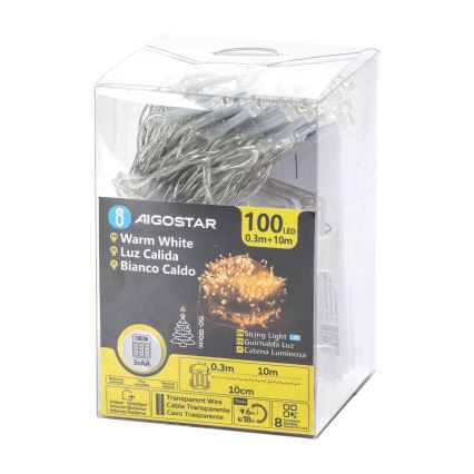 Aigostar -Catena LED natalizia da esterno 100xLED/8 funzioni 3xAA 10,3m IP44 bianco caldo