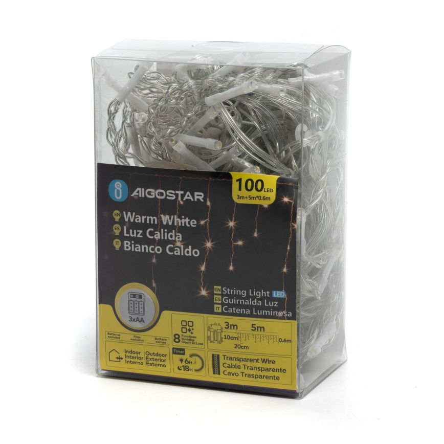Aigostar-Catena LED natalizia da esterno 100xLED/8 funzioni 3xAA 8x0,6m IP44 bianco caldo