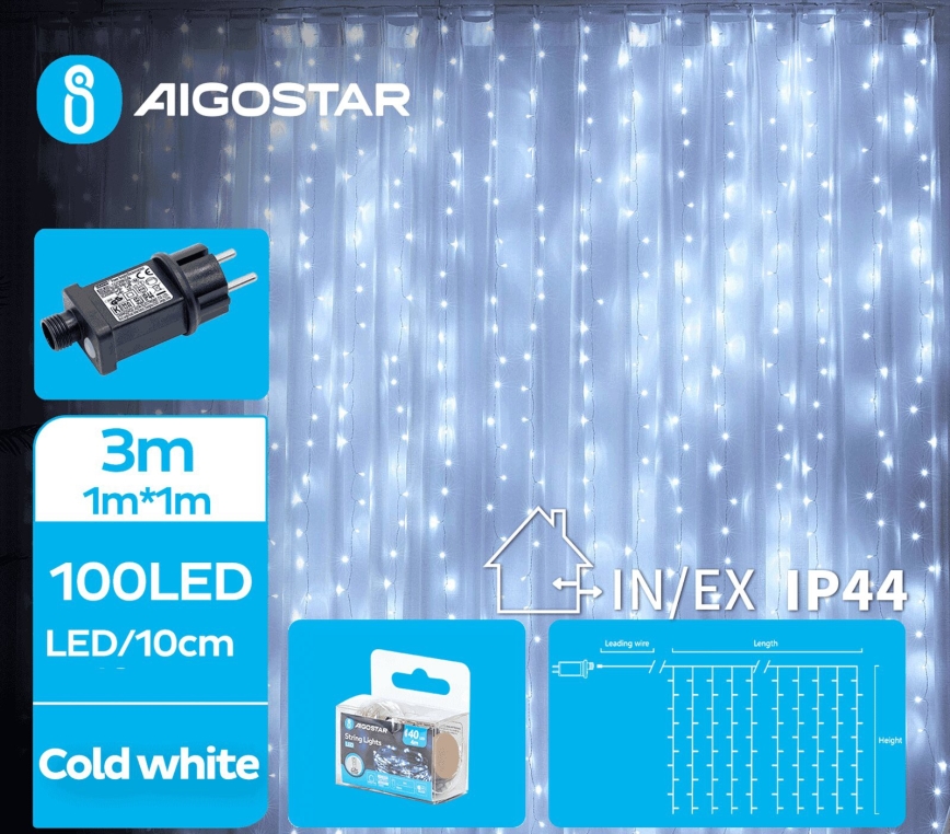 Aigostar - Catena LED natalizia da esterno 100xLED/8 funzioni 4x1m IP44 bianco freddo
