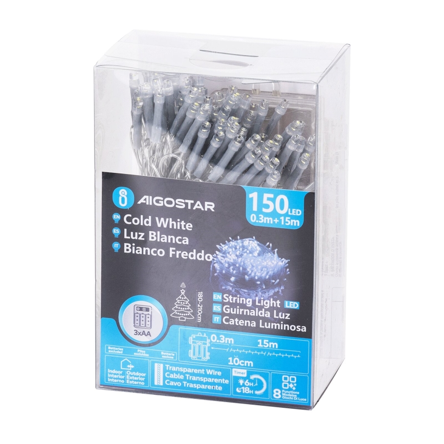 Aigostar - Catena LED natalizia da esterno 150xLED/8 funzioni 15,3m IP44 bianco freddo