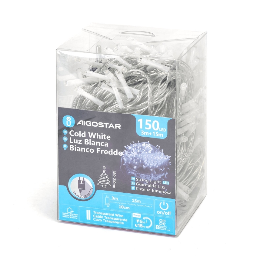Aigostar - Catena LED natalizia da esterno 150xLED/8 funzioni 18m IP44 bianco freddo