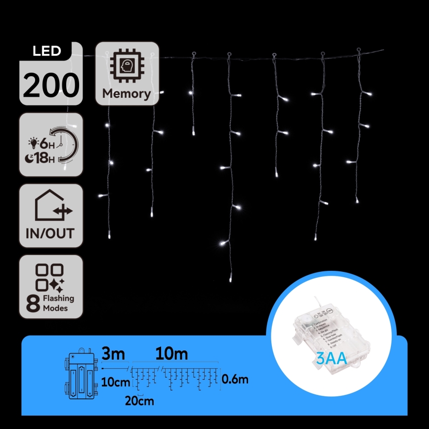 Aigostar - Catena LED natalizia da esterno 200xLED/8 funzioni 3xAA 13x0,6m IP44 bianco freddo