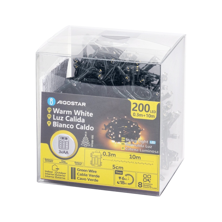 Aigostar - Catena LED natalizia da esterno 200xLED/8 funzioni 3xAA 10,3m IP44 bianco caldo
