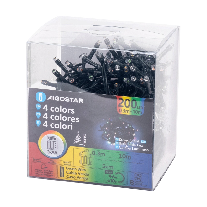 Aigostar -Catena LED natalizia da esterno 200xLED/8 funzioni 3xAA 10,3m IP44 multicolore