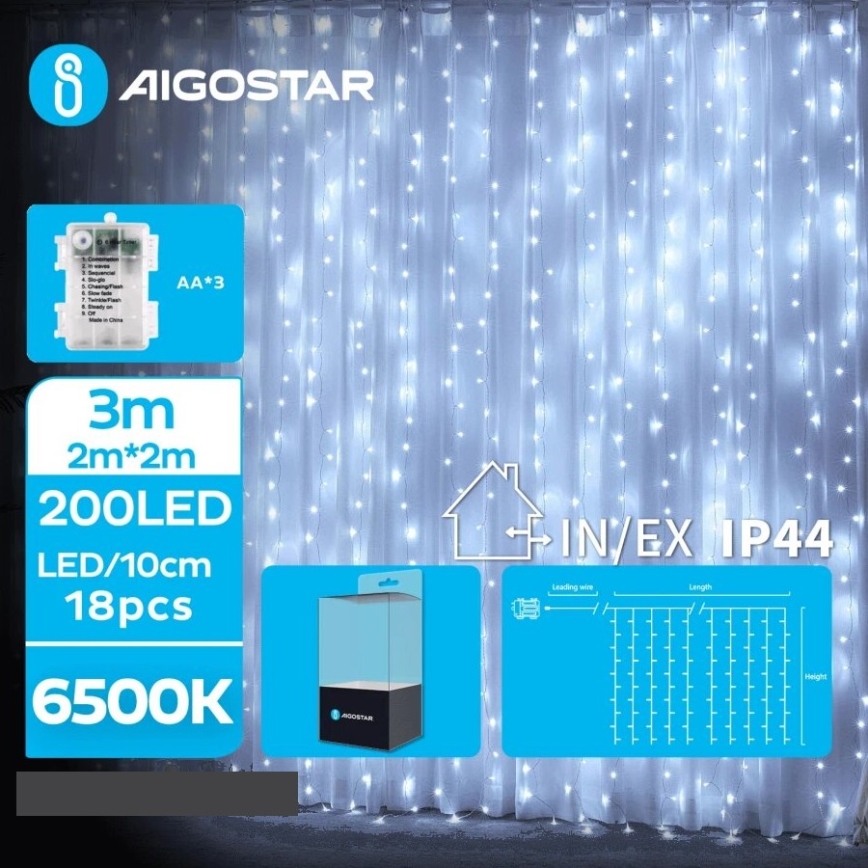 Aigostar - Catena LED natalizia da esterno 200xLED/8 funzioni 3xAA 5x2m IP44 bianco freddo