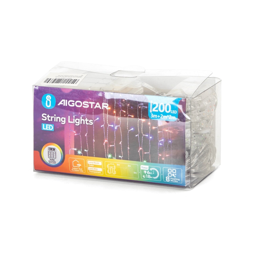Aigostar - Catena LED natalizia da esterno 200xLED/8 funzioni 3xAA 5x2m IP44 multicolore