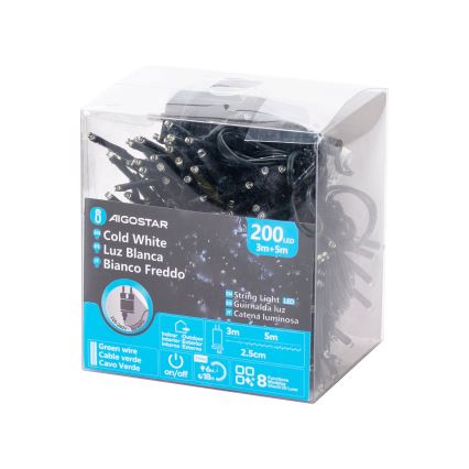 Aigostar - Catena LED natalizia da esterno 200xLED/8 funzioni 8m IP44 bianco freddo