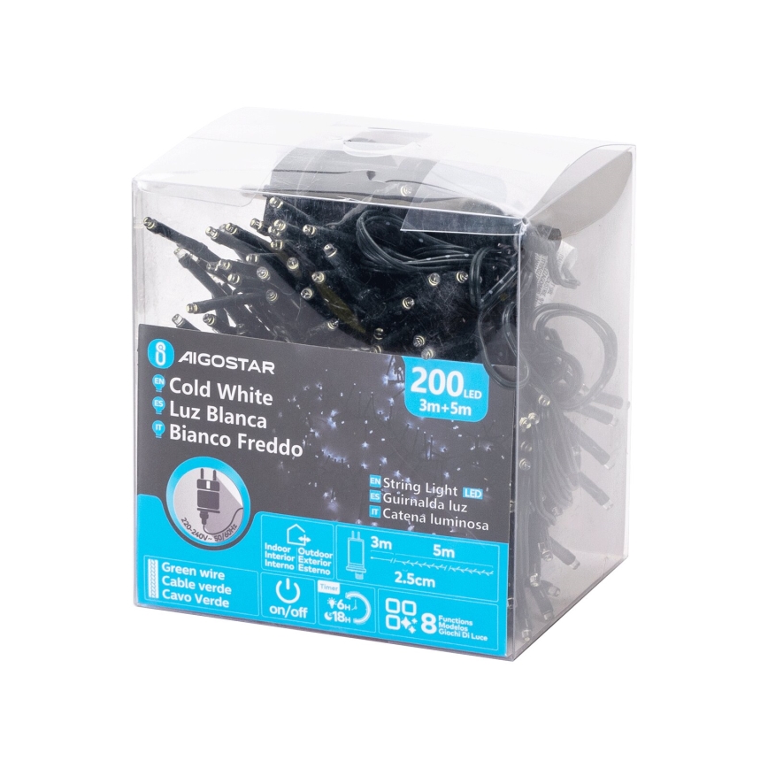 Aigostar - Catena LED natalizia da esterno 200xLED/8 funzioni 8m IP44 bianco freddo