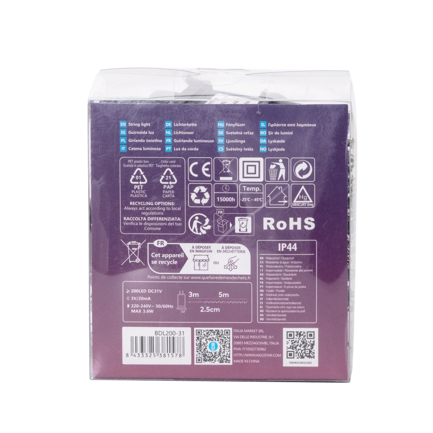 Aigostar - Catena LED natalizia da esterno 200xLED/8 funzioni 8m IP44 bianco freddo