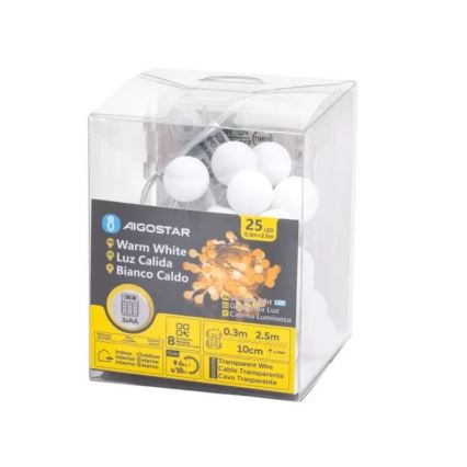 Aigostar-Catena LED natalizia da esterno 25xLED/3xAA/8 funzioni 2,8 m IP44 bianco caldo