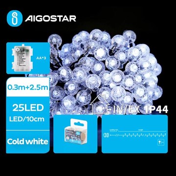 Aigostar - Catena LED natalizia da esterno 25xLED/3xAA/8 funzioni 2,8 m IP44 bianco freddo