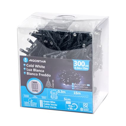 Aigostar - Catena LED natalizia da esterno 300xLED/8 funzioni 15,3m IP44 bianco freddo