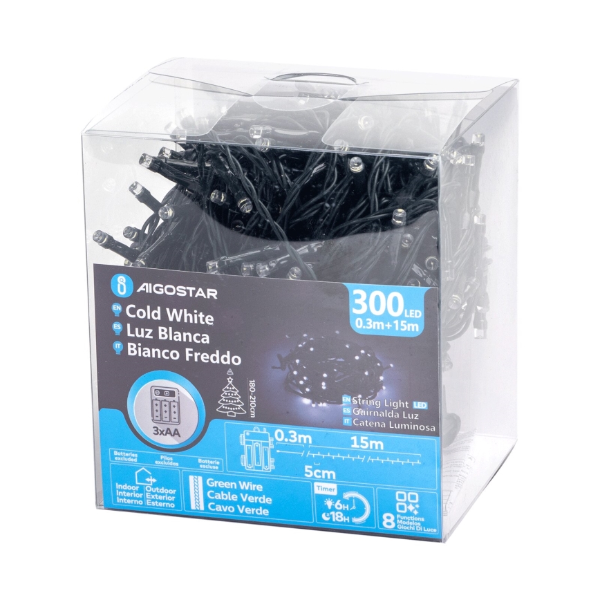Aigostar - Catena LED natalizia da esterno 300xLED/8 funzioni 15,3m IP44 bianco freddo