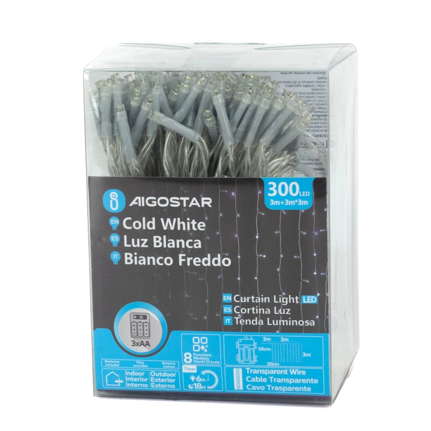 Aigostar-Catena LED natalizia da esterno 300xLED/8 funzioni 3xAA 6x2m IP44 bianco freddo