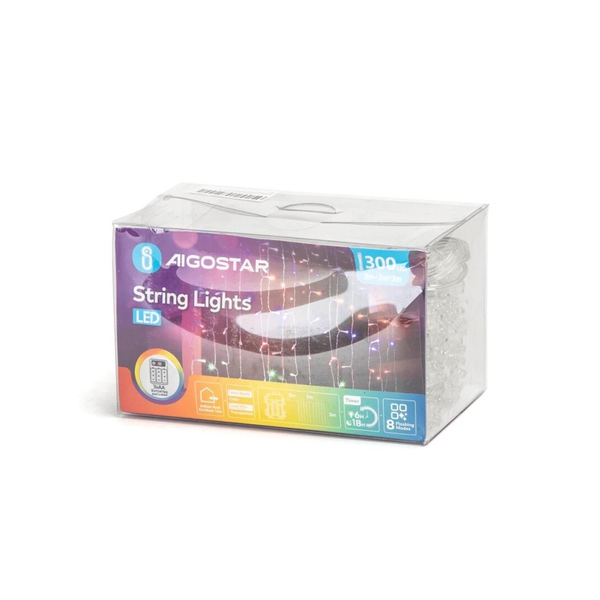 Aigostar - Catena LED natalizia da esterno 300xLED/8 funzioni 3xAA 6x3m IP44 multicolore