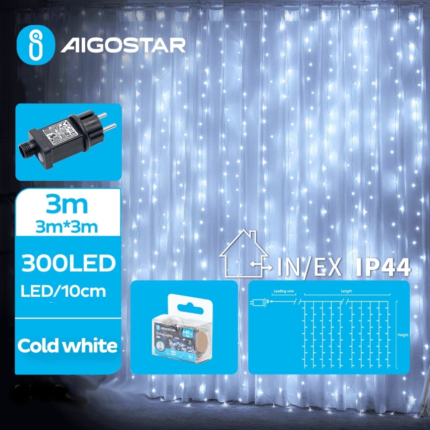 Aigostar - Catena LED natalizia da esterno 300xLED/8 funzioni 6x3m IP44 bianco freddo