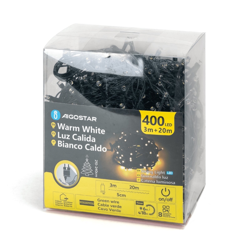 Aigostar - Catena LED natalizia da esterno 400xLED/8 funzioni 23m IP44 bianco caldo