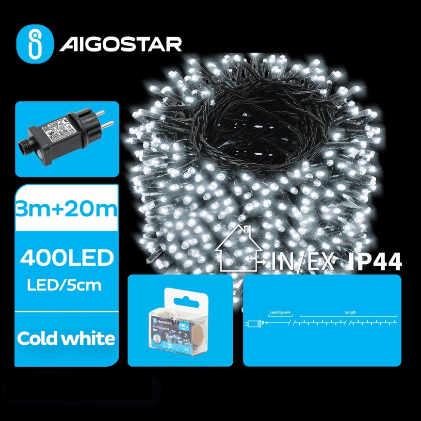 Aigostar - Catena LED natalizia da esterno 400xLED/8 funzioni 23m IP44 bianco freddo