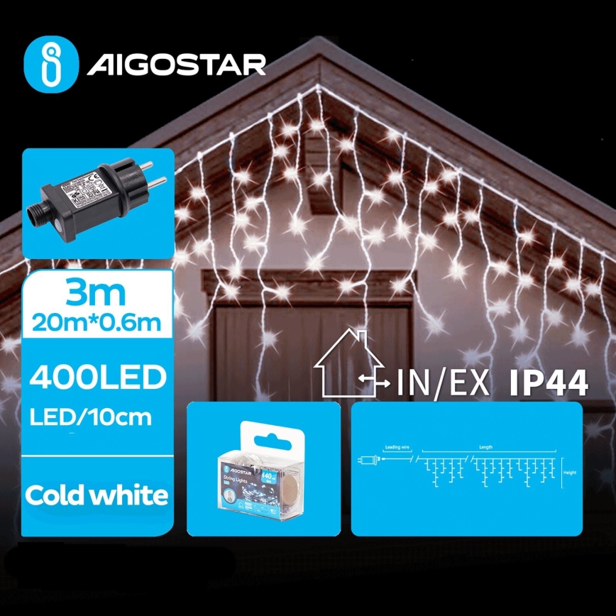 Aigostar - Catena LED natalizia da esterno 400xLED/8 funzioni 23x0,6m IP44 bianco freddo