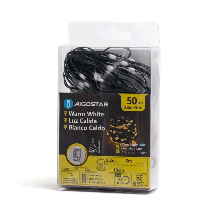 Aigostar - Catena LED natalizia da esterno 50xLED/8 funzioni 3xAA 5,3m IP44 bianco caldo
