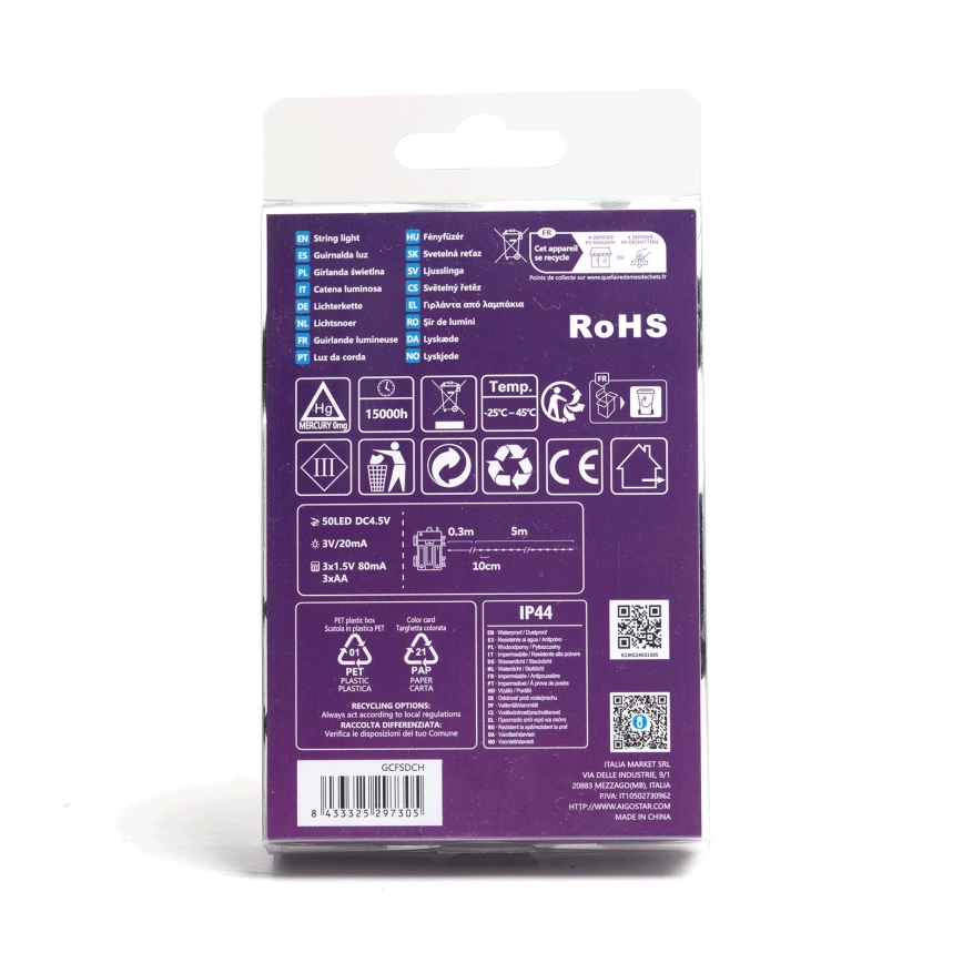 Aigostar - Catena LED natalizia da esterno 50xLED/8 funzioni 3xAA 5,3m IP44 bianco caldo