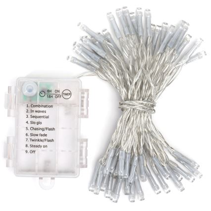 Aigostar -Catena LED natalizia da esterno 50xLED/8 funzioni 3xAA 5,3m IP44 bianco freddo