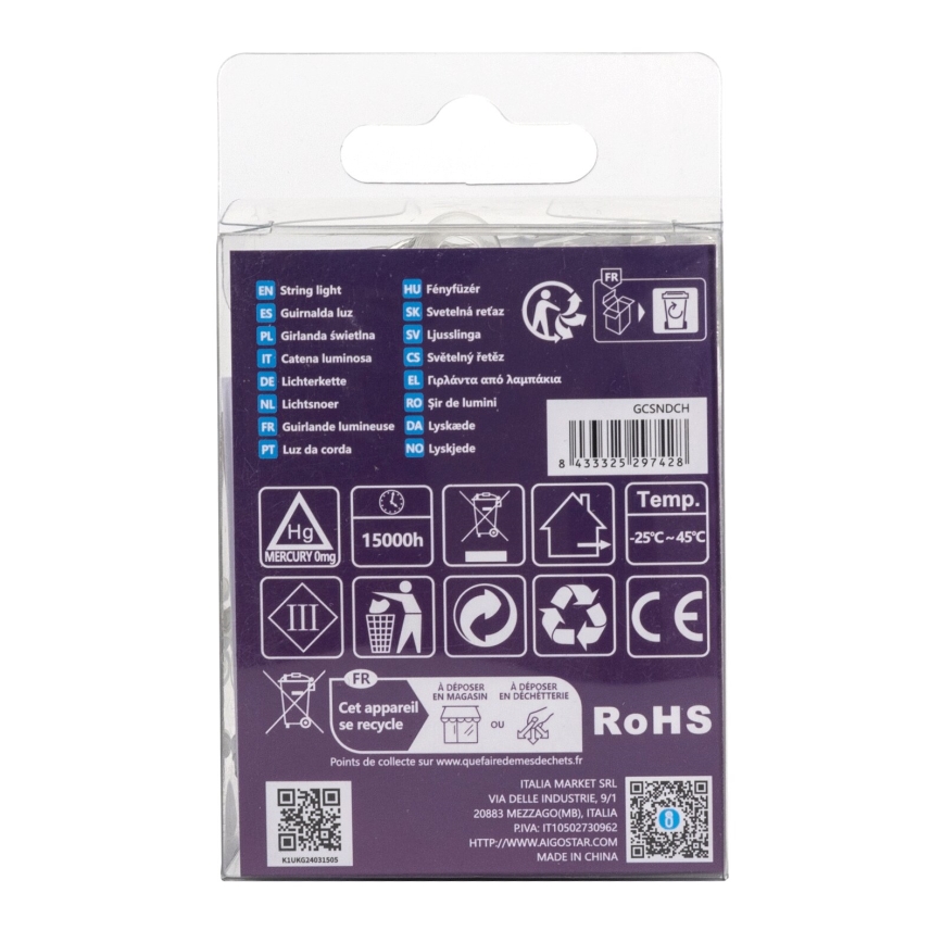 Aigostar -Catena LED natalizia da esterno 50xLED/8 funzioni 3xAA 5,3m IP44 bianco freddo