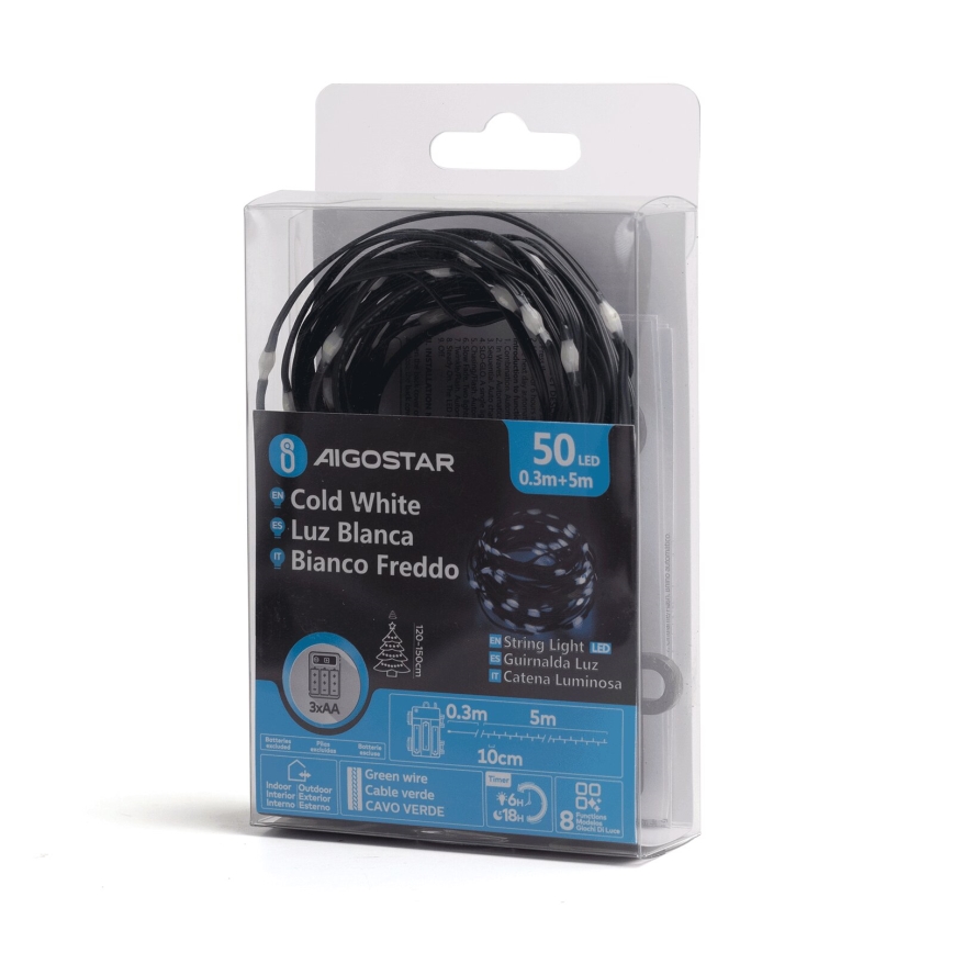 Aigostar -Catena LED natalizia da esterno 50xLED/8 funzioni 3xAA 5,3m IP44 bianco freddo