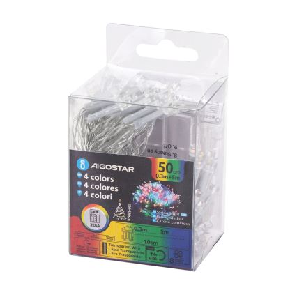 Aigostar - Catena LED natalizia da esterno 50xLED/8 funzioni 3xAA 5,3m IP44 multicolore