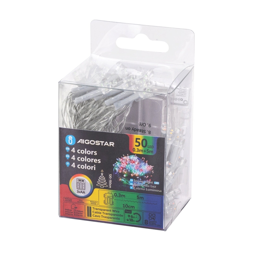 Aigostar - Catena LED natalizia da esterno 50xLED/8 funzioni 3xAA 5,3m IP44 multicolore