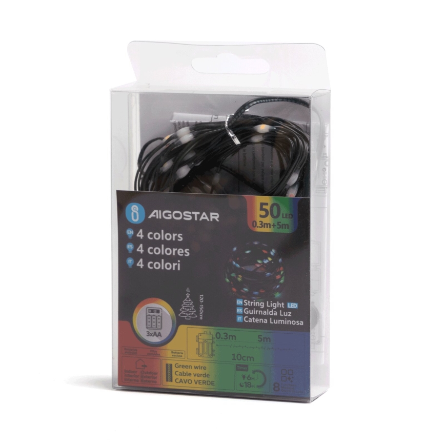 Aigostar - Catena LED natalizia da esterno 50xLED/8 funzioni 3xAA 5,3m IP44 multicolore