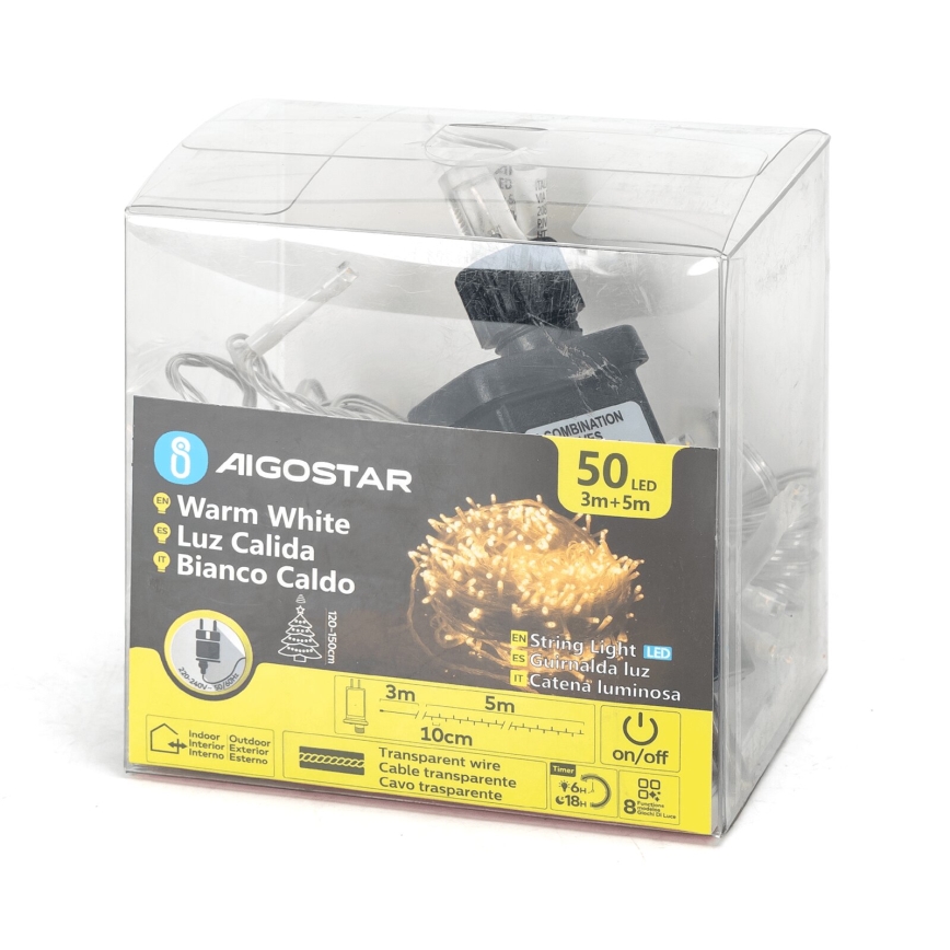 Aigostar - Catena LED natalizia da esterno 50xLED/8 funzioni 8m IP44 bianco caldo