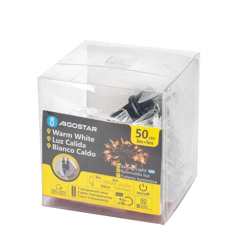 Aigostar - Catena LED natalizia da esterno 50xLED/8 funzioni 8m IP44 bianco caldo