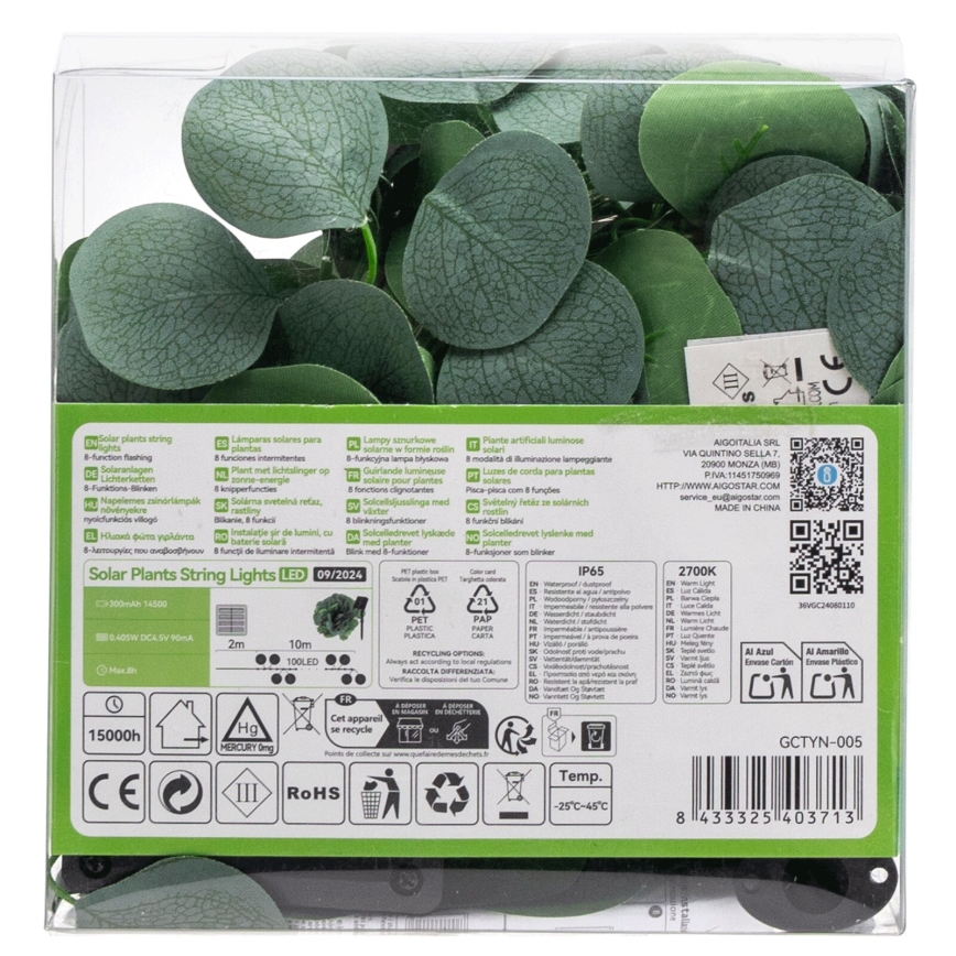 Aigostar - Catena LED solare 100xLED/12m IP65 300 mAh bianco caldo eucalipto