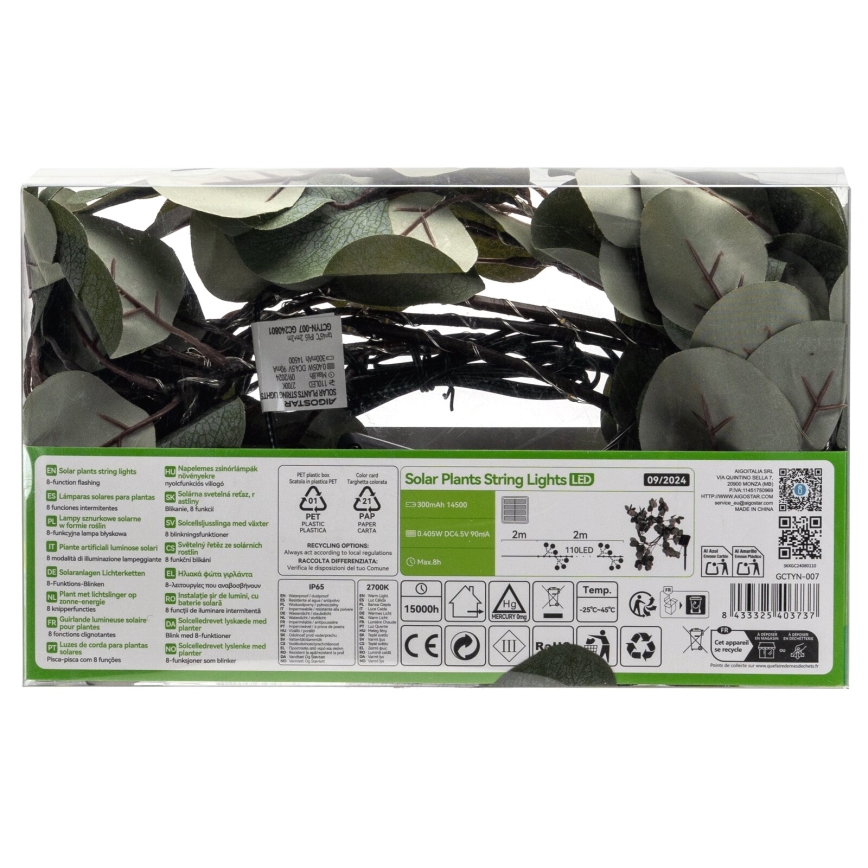 Aigostar - Catena LED solare 110xLED/4m IP65 bianco caldo eucalipto