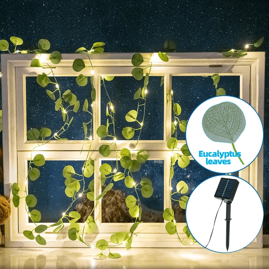 Aigostar - Catena LED solare 50xLED/7m IP65 bianco caldo eucalipto