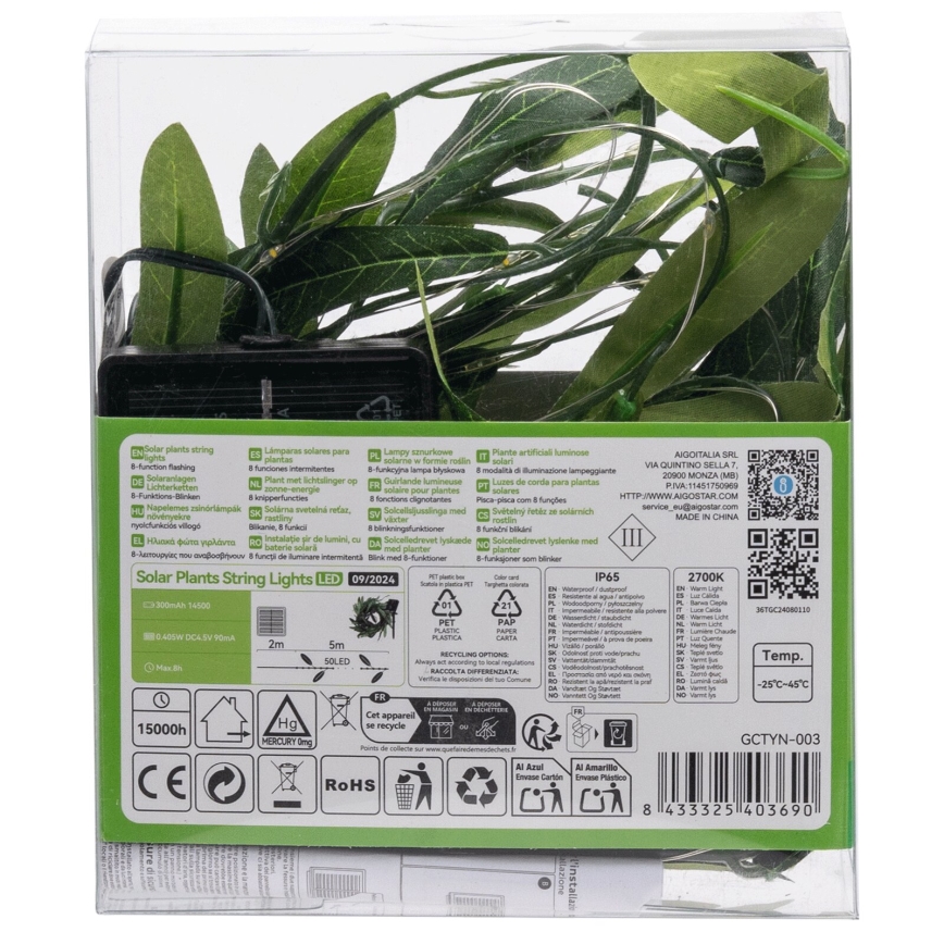 Aigostar - Catena LED solare 50xLED/7m IP65 bianco caldo oliva