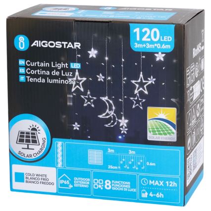 Aigostar - Catena luminosa solare a LED per Natale 120xLED/8 funzioni 3x0,6m 500 mAh IP65 bianco freddo