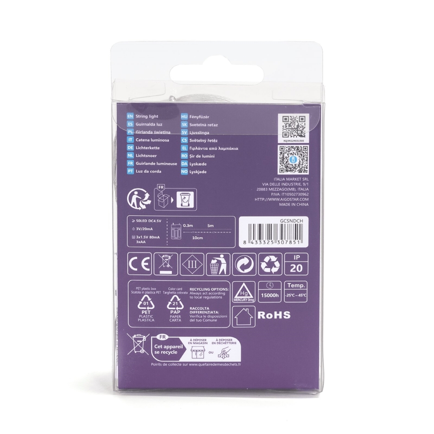 Aigostar - Catena luminosa a LED 50 LED/3xAA 5,3 m, bianco freddo