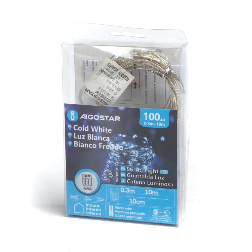 Aigostar - Catena luminosa con 100 LED, alimentazione 3xAA, 10,3 m, bianco freddo