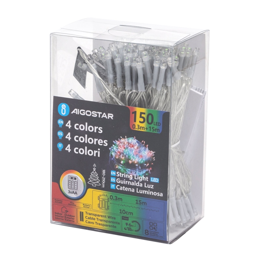 Aigostar - Catena luminosa da esterno LED, 150 LED, 8 funzioni, 3x AA, 15,3 m, IP44, multicolore